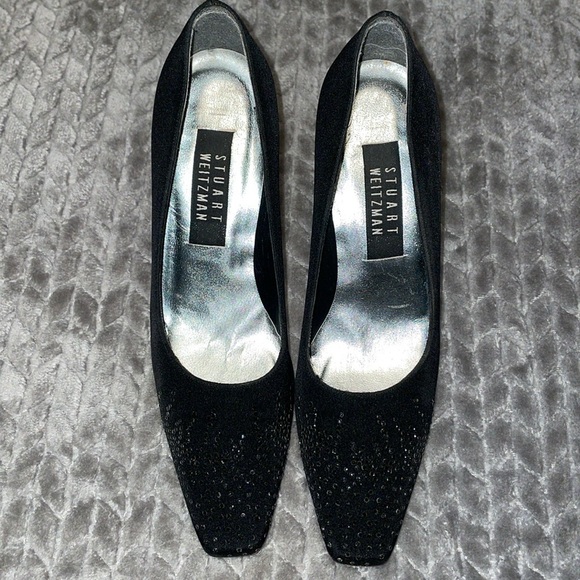 STUART WEITZMAN Black Satin Rhinestone Accents Heels Pumps Sz 6.5. - Picture 3 of 12